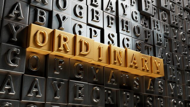The hand puts a Movable type printing with sign ordinary. The word is written on Movable type printing.close up of Movable type printing,Business Concept.3D rendering.