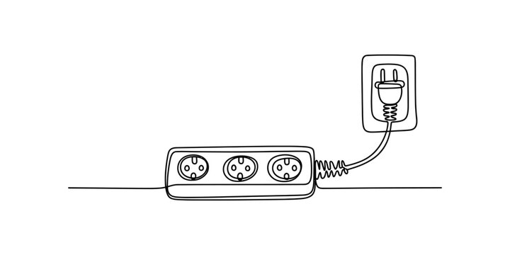 Power strip with multiple outlets connected to a wall socket with a single line drawing Vector, illustration