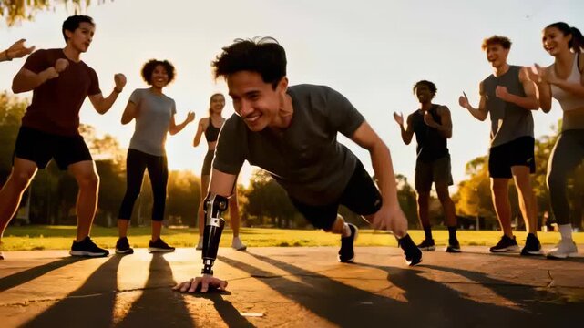 Responding to cheers, athlete doing one-arm pushups in park in gray tee, prosthetic forearm