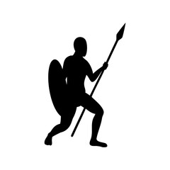 Naklejka premium Warrior Silhouette with Spear and Shield, Ancient Soldier Icon, Tribal Fighter Vector Art, Historical Combatant Graphic
