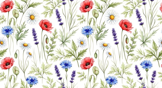 Watercolor floral pattern featuring poppies daisies lavender and cornflowers