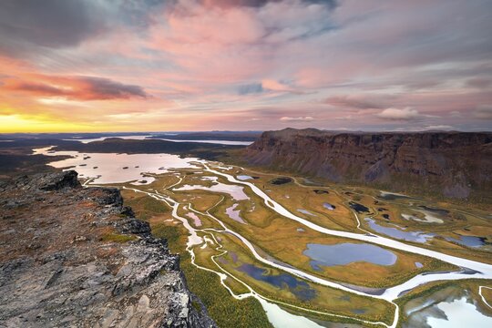 View from Skierffe mountain over the autumnal Rapadalen river delta, morning atmosphere, Rapa&auml;lv river, Sarek National Park, Laponia, Lapland, Sweden