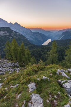 Panorama, view over the K&ouml;nigssee from the Feldkogel, left Watzmann S&uuml;dspitze and Watzmann-Kinder, sunset, National Park Berchtesgaden, Berchtesgaden area, Upper Bavaria, Bavaria, Germany