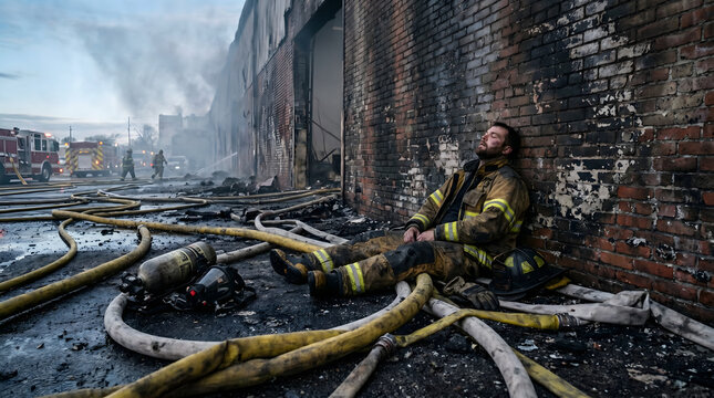 An exhausted firefighter, covered in soot and grime, leans against a burnt brick wall, resting after courageously battling a dangerous structure fire.
