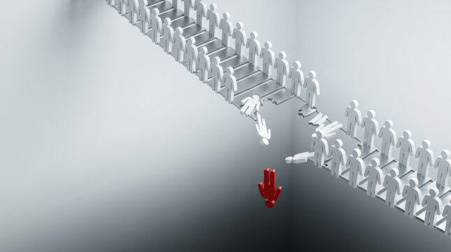 Layoffs market downturn concept unemployment recession workforce job loss dismissal risk economy layoffs market downturn concept with unemployment recession pressure red figure falling from group