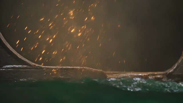 Bursting ignition igniting heavy rusty metal chain at waterline in hawse aperture, sending sparks