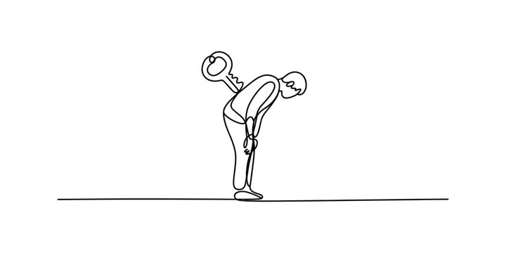Person with wind-up key on back, bent over, single line drawing Vector, illustration