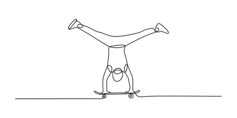 Single line drawing of a person doing a handstand on a skateboard Vector, illustration © Shreemoti