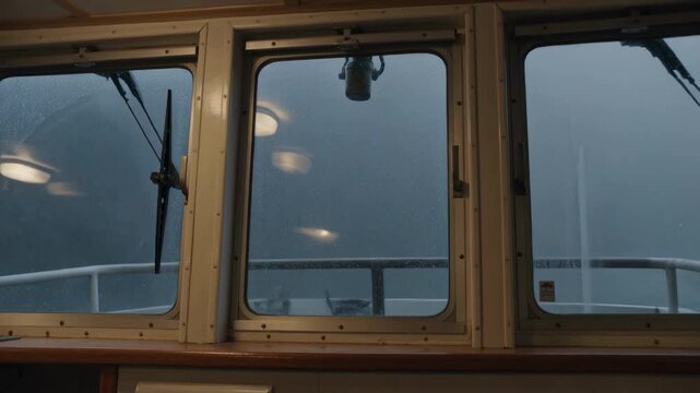 Operating left wiper clearing spray from three panes at bridge, ceiling lights and bow rail showing