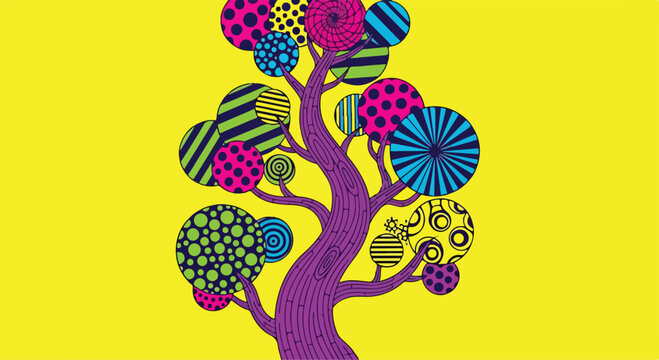 A colorful tree with patterned circles for leaves on yellow
