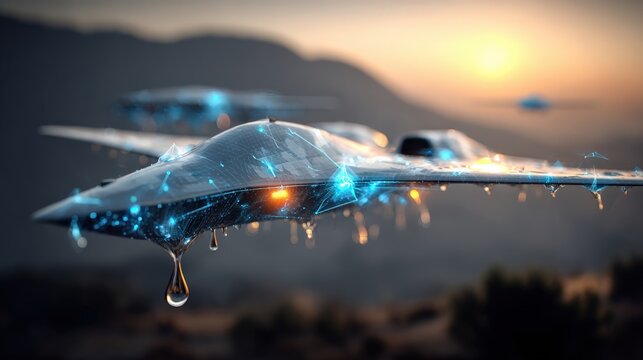 An evocative rendering of a stealth aircraft, wings spread against a dramatic sunset. ..Created with Generative AI, not depicting real subjects.