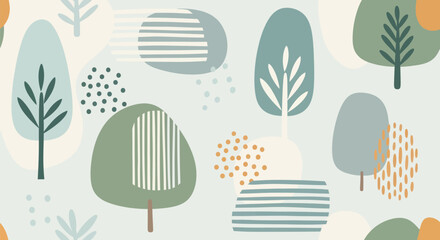 A vibrant illustration of various trees and shapes in a playful pattern © reyro22