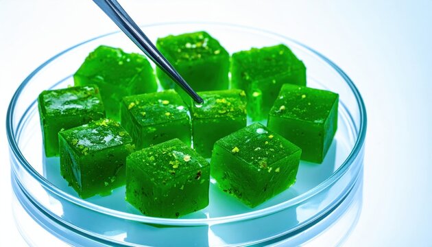 Vibrant emerald green algae cubes being carefully analyzed with laboratory tongs in a sterile petri dish, representing modern sustainable food science and biotechnology innovation for the future.