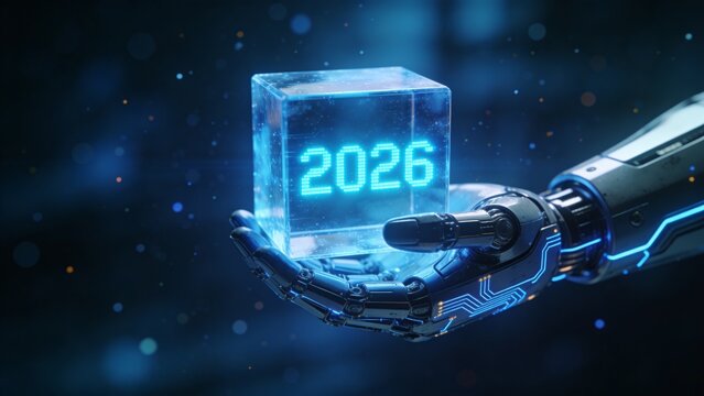 A robotic hand holds a glowing blue cube with the year 2026 in a futuristic environment.