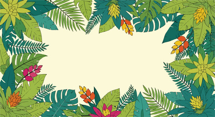 A colorful tropical floral border with green leaves and flowers © Jumar