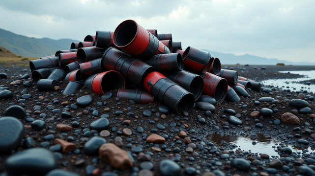 Stack of industrial gas cylinders arranged outdoors highlighting storage and supply concept with rugged terrain dramatic lighting and energy infrastructure context
