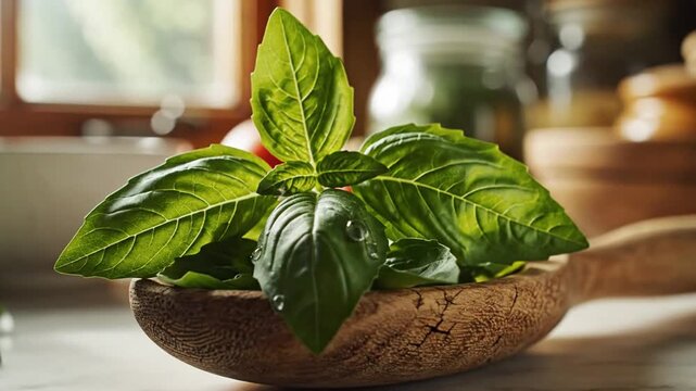 Fresh Basil Leaves in Wooden Spoon