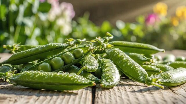 Fresh Green Peas in Pods on Wooden Surface with Garden Blur
