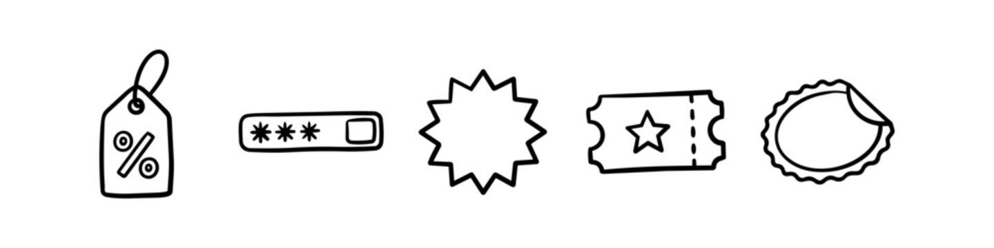 Hand-drawn shopping icons set featuring a discount tag, promo code box, starburst badge, ticket, and peeled sticker. Minimalist black line art doodles on a plain white background.