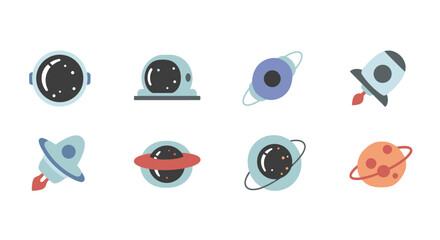 Space icons featuring various planets and a rocket in motion © reyro22