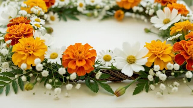 Marigold and white flowers forming a bright border, cheerful botanical frame for spring branding, greeting cards, invitations and decorative design themes with fresh color contrast and clean layout,
