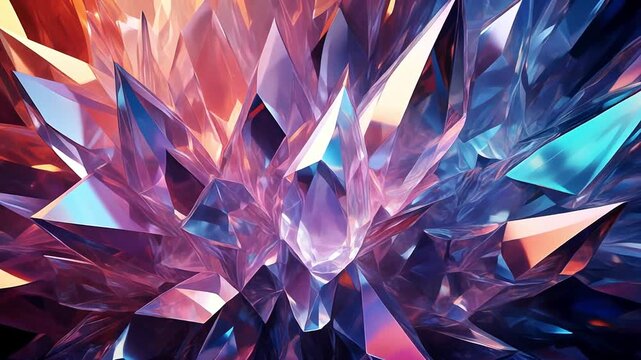 Abstract futuristic crystal cluster background with sharp geometric facets and colorful iridescent reflections