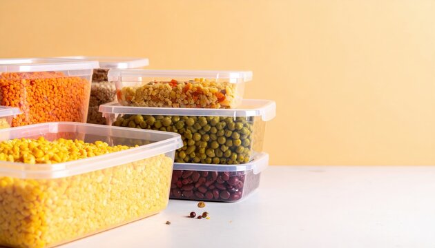 Clear plastic containers filled with various dehydrated food components, organized and stacked for efficient long term meal preparation or emergency survival food supply storage solutions.