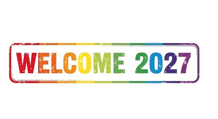 Obraz premium A vibrant rainbow-colored stamp graphic with the text 