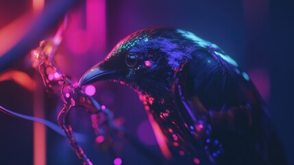 Obraz premium Digital raven, neon lights, close-up, artistic