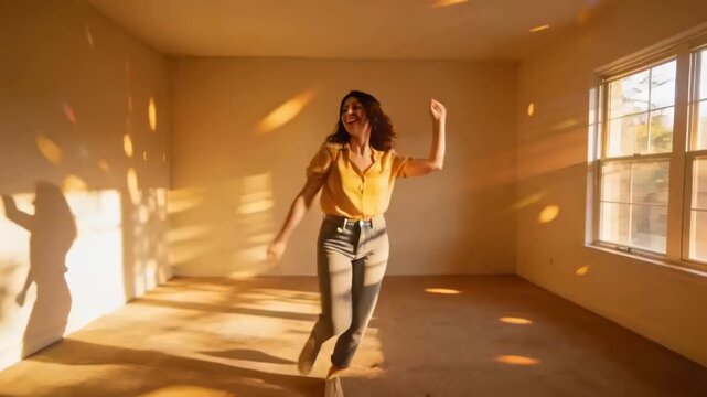 Dancing woman in mustard top spinning in empty room, sunlight streaming via window casting shadow