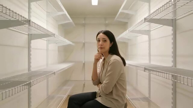 Sitting Asian woman in beige top, shifting gaze as camera rolls in pantry with shelves, pondering
