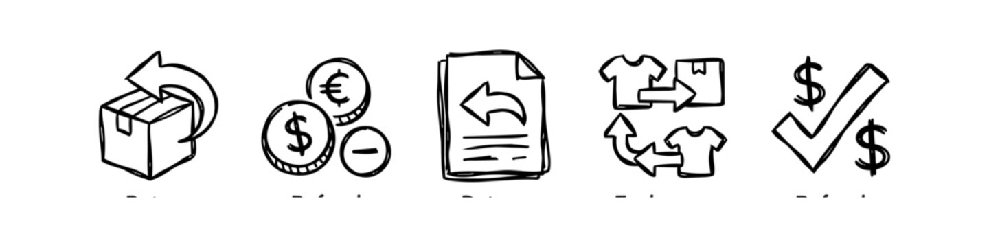 Set of hand-drawn e-commerce return and refund icons. Black doodle sketches including return package, money back, return policy, product exchange, and payment confirmation.