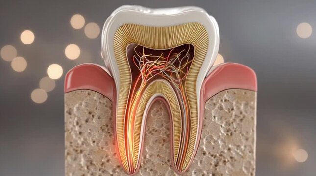 Educational dental animation showing tooth decay progressing through enamel and dentin into pulp nerve causing toothache pain, inflamed gums, bacteria damage, realistic anatomy in clear 4K view.