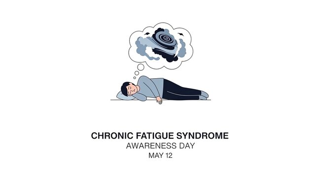Man sleeping exhausted with swirling mind illustration representing chronic fatigue syndrome awareness day