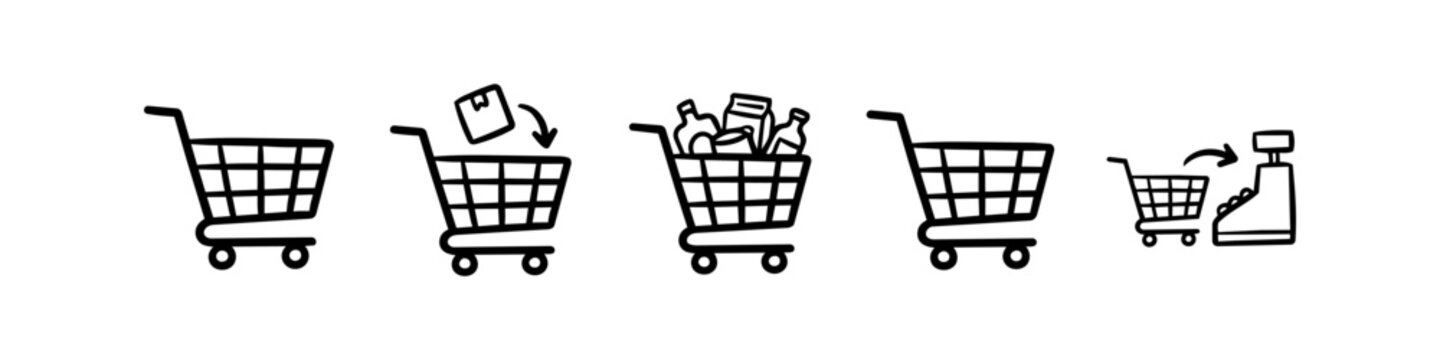 Set of hand-drawn shopping cart icons illustrating the retail process from empty to full and checkout. Minimalist doodle style for e-commerce, grocery store, and supermarket concepts.