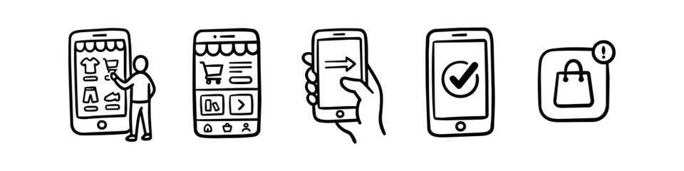 Hand-drawn doodle icons showing a mobile shopping journey: browsing clothes, checkout process, confirmation checkmark, and shopping notifications. Minimalist black line art on a white background. © Nort Kor