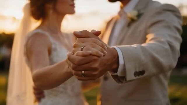 Dancing bride and groom holding hands during first dance at wedding sunset, showing rings and veil