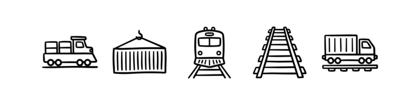 Set of hand-drawn railway and freight transport icons in a doodle style, featuring a locomotive, shipping container, railroad tracks, and cargo truck on a white background.