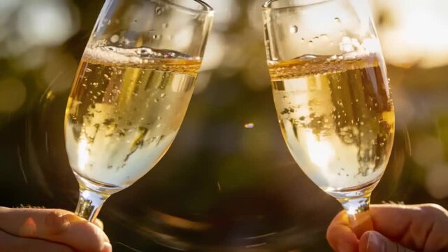 Hands of two adults clinking sparkling wine flutes on patio at golden hour, sun glinting, toasting