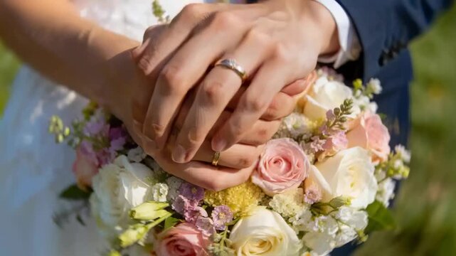 Groom resting, adjusting, pressing over bride's lace and bouquet for garden portrait, rings showing