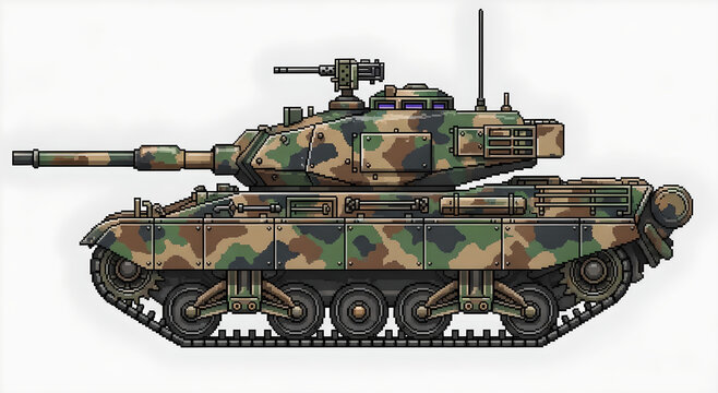 An illustration of a military tank with camouflage pattern and a cannon.
