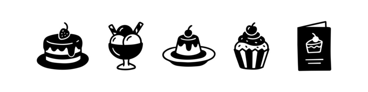 Set of hand-drawn dessert icons in black silhouette style featuring cake, ice cream, pudding, cupcake, and a menu. Perfect for bakery logos, cafe menus, and culinary designs.