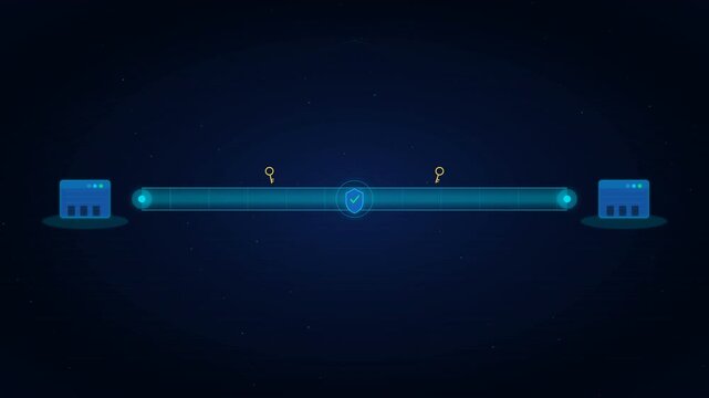 High-tech motion graphic showing a secure encrypted tunnel connecting two servers with digital keys and a shield icon representing data privacy.