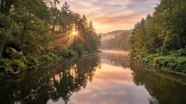 Sunrise shining through forest trees above a calm river, peaceful nature concept for travel, wellness and environmental themes with glowing reflections, lush greenery and soft morning atmosphere,