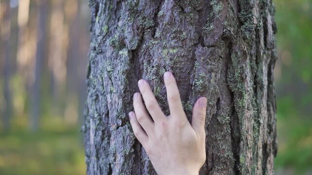 A man hugs a tree. Nature protection.Close-up of tree trunk with textured bark and moss in a forest setting, ideal for nature conservation and ecological themes