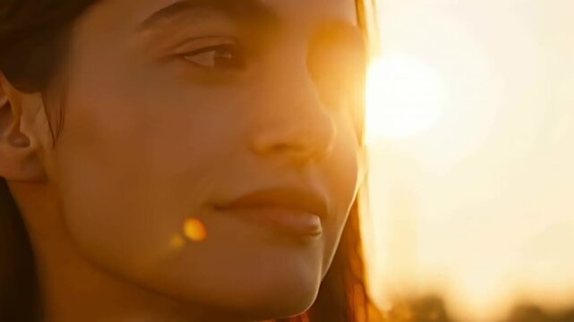 Smiling adult woman tucking hair behind ear in golden-hour, sunlight with lens flare, yellow sleeve