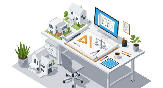 Architectural design desk with computer models and blueprints.