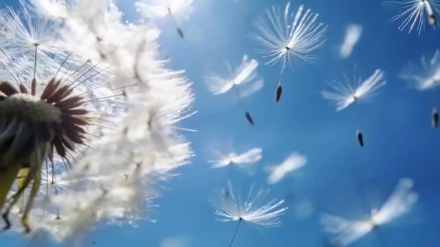 Light breeze releasing dandelion seed head drifting seeds across sunlit sky to spread, copy space