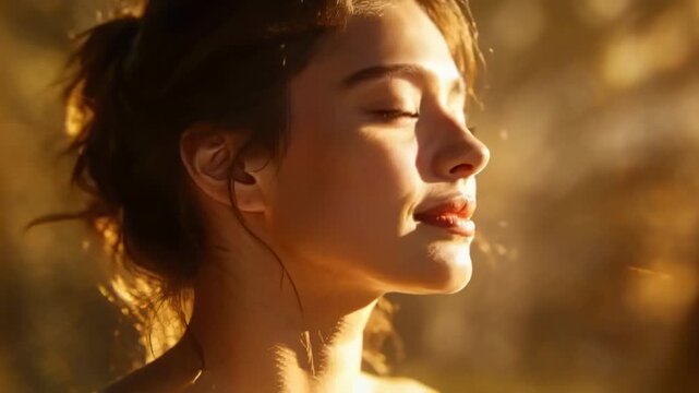 Turning woman moving head as golden hour warming face revealing bare shoulder, lens flares, dust