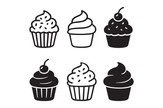 cupcakes with various toppings in black and white vector style
